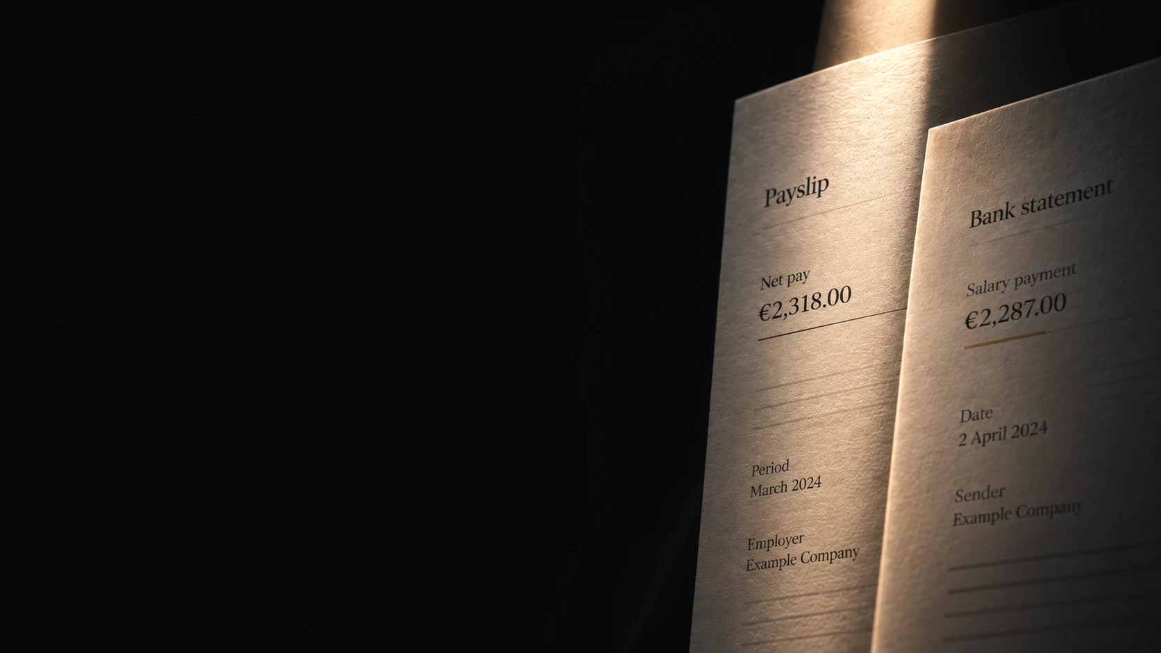 Illustration: net pay of €2,318 and a salary payment of €2,287 — a difference to investigate.
